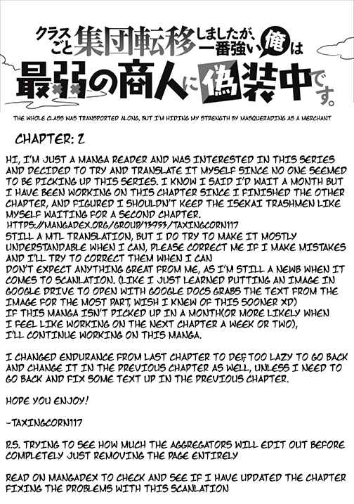 Page 1 Chapter 2 Class-goto Shuudan Teni Shimashita ga, ichiban Tsuyoi Ore wa Saijaku no Shounin ni Gisouchuu